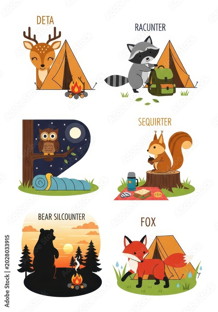 Naklejka premium Cute Forest Animals Camping Vector Illustration Set with Deer Raccoon Owl Squirrel Bear and Fox in Outdoor Settings