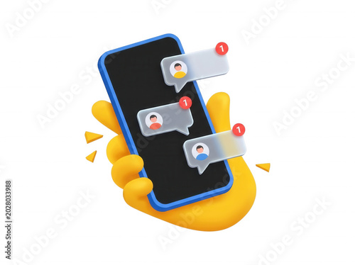 3d illustration of a hand holding a smartphone with notification bubbles isolated on transparent background