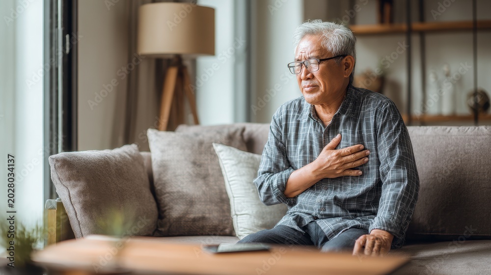 Fototapeta premium Senior man experiencing chest pain in a cozy home setting, urgent domestic health moment