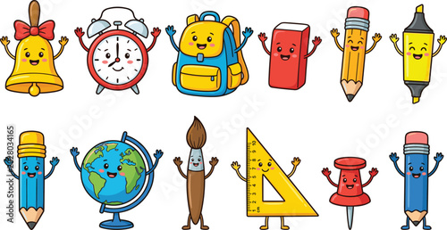 Tableau sur toile Cute School Supplies Cartoon Character Set Featuring Happy Bell Alarm Clock Back