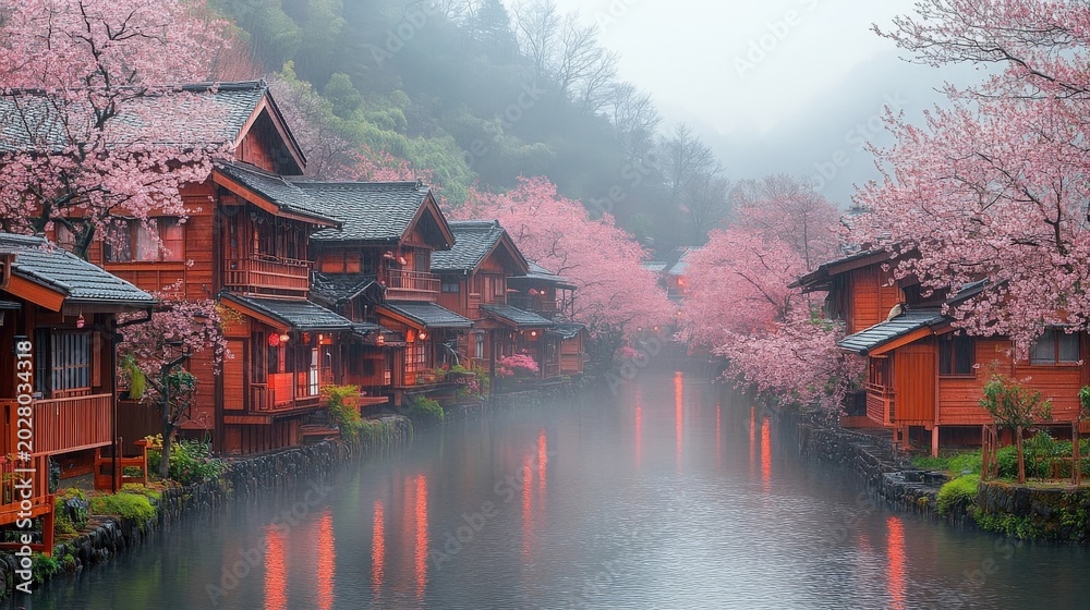 Obraz premium Idyllic Village Scene With Cherry Blossoms Overlooking A Serene River During Springtime With Wooden