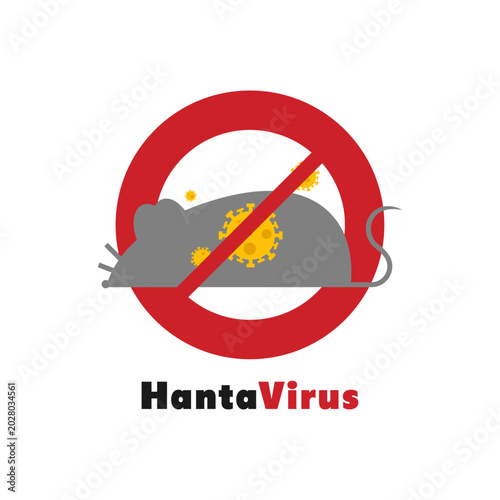 Stop Hantavirus Vector Illustration. Red Warning Prohibition Sign with Rat or Mouse and Virus Microorganism Concept for Medical Prevention and Public Health Awareness Banner.
