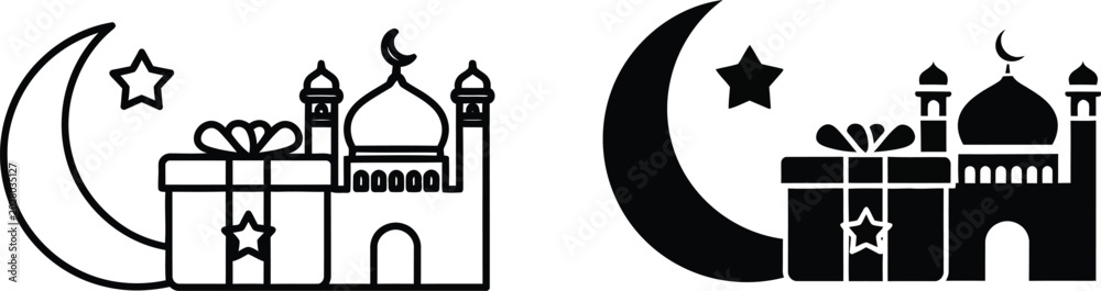 Obraz premium Eid celebration illustration with mosque and gift box