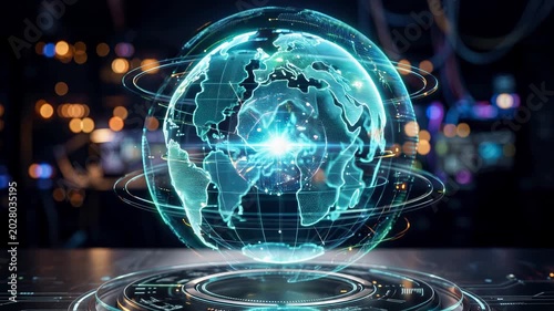 Glowing digital globe with interconnected nodes, representing global communication, technology, and networking