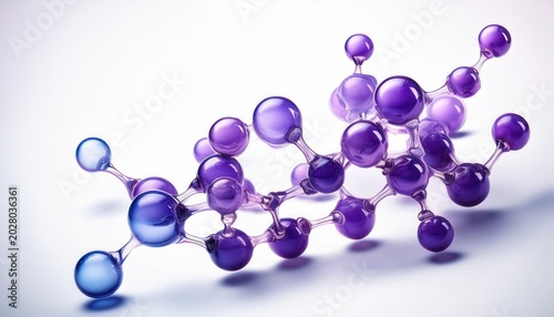 Realistic blue light and purple molecular structure against a white background showcasing biotech elements