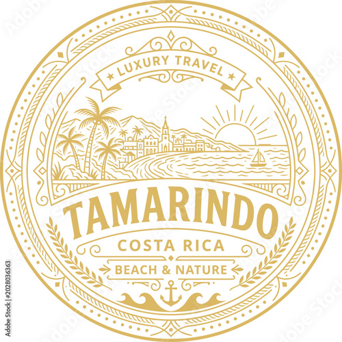 Tamarindo Costa Rica luxury travel gold circular badge vector illustration