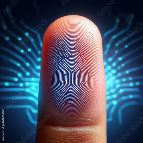 Unique fingerprint displayed on a human finger against a digital blue backdrop showcasing technology and identity verification
