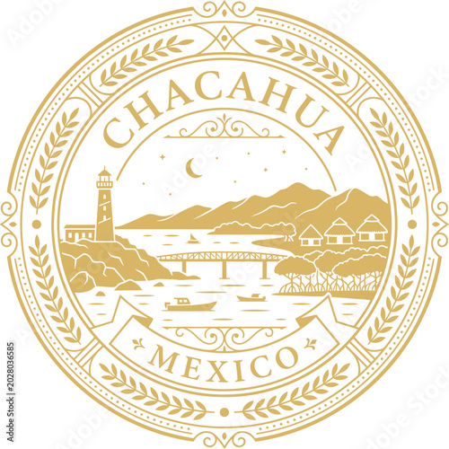 Chacahua Mexico vintage circular emblem with lighthouse and coastal landscape