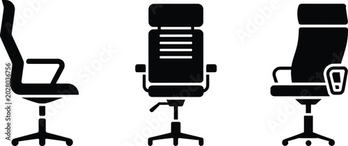 Bilde på lerret Black silhouette office chair variations, ergonomic seating furniture icons, mod