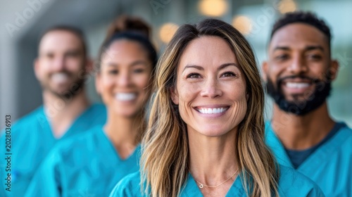 Diverse group of smiling healthcare professionals in teal scrubs standing together outdoors