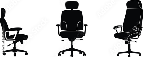 Schilderij op canvas Silhouette set of ergonomic office chairs high backrest armrests wheeled base bl
