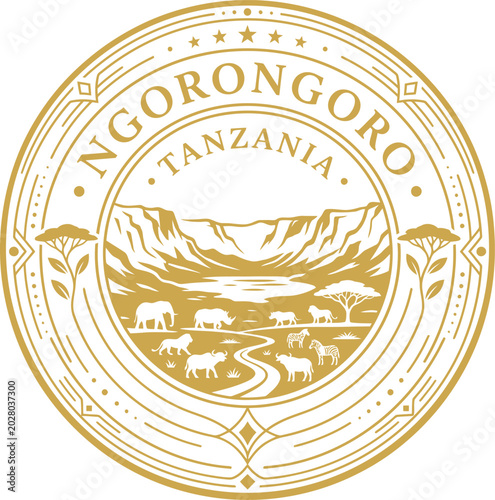 Ngorongoro Tanzania safari emblem with african wildlife vector illustration