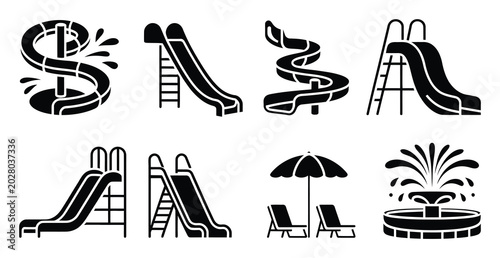 Photos Water slide icons illustration, black silhouette set of aqua park attractions, s