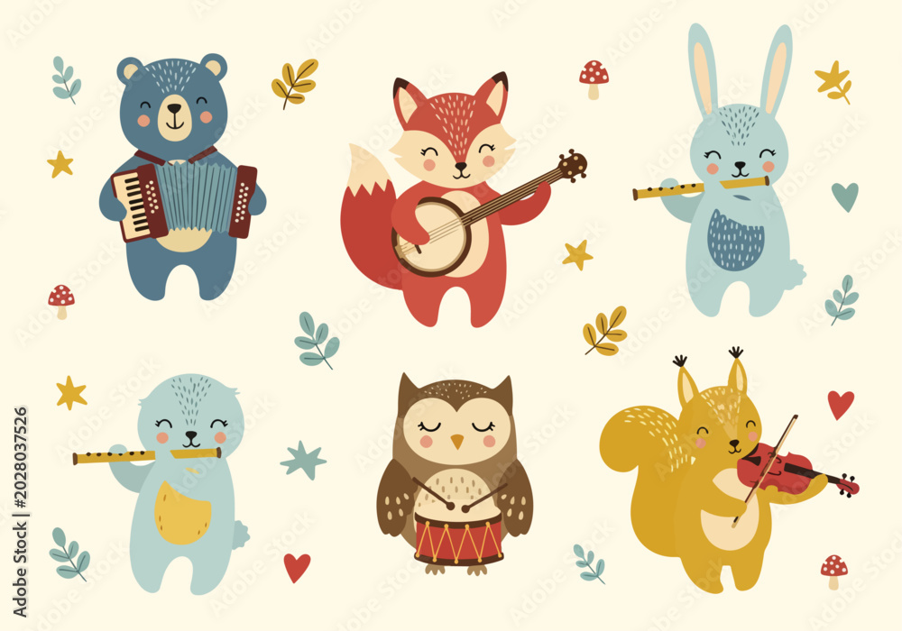 Obraz premium A heartwarming band of animal friends performs cheerful songs together.