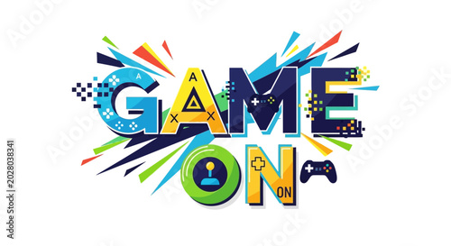Game On Text Design with Gaming Elements and Abstract Shapes