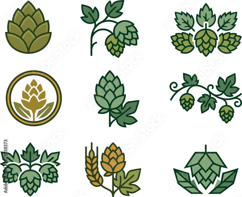 Obraz na plátně Green Hops and Barley Wheat Botanical Vector Icon Set for Brewery Designs