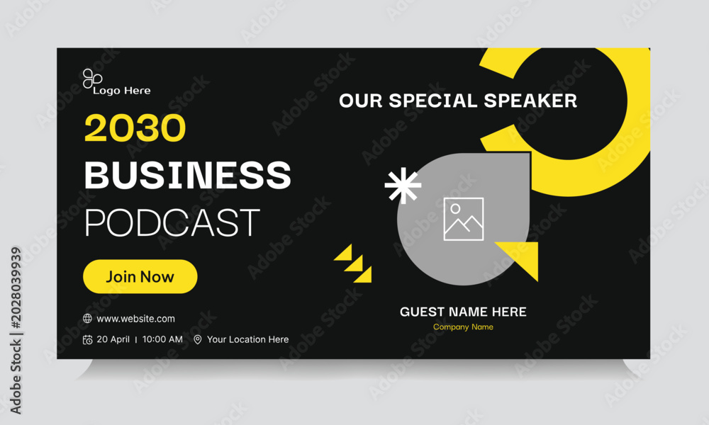 Obraz premium Business Podcast Promo: A sleek and modern design of a promotional graphic with an invitation to join the 2030 Business Podcast, featuring geometric shapes and ample space for speaker details.