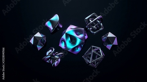 Abstract geometric shapes with iridescent metallic finish on dark background