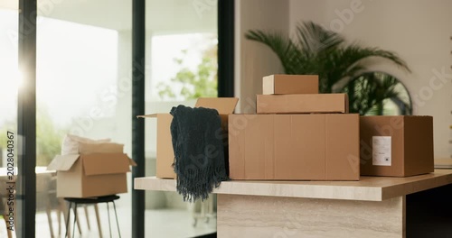 Empty, room or packing boxes with moving for property relocation, expired lease or rental apartment. Real estate, vacate and cardboard packages with home items for eviction, migration and fresh start