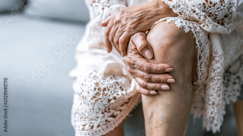 Senior woman with varicose veins holding painful knee joint