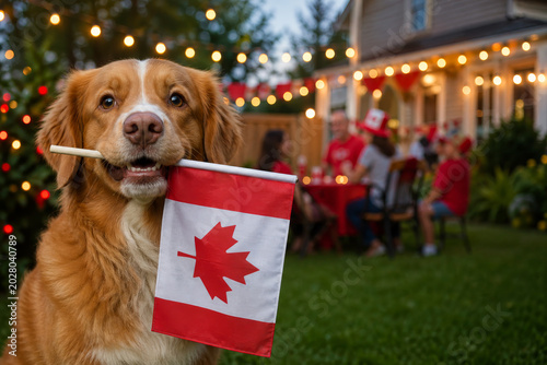 Canada Day celebration concept with dog holding flag at family evening party.