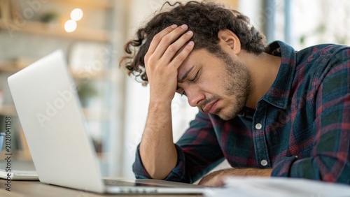 Man sitting at a desk with a laptop looks stressed, holding his forehead in frustration or fatigue in a bright indoor setting.