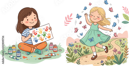 Foto Cute little girls character set including artist painting with handprints and jo