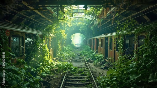 Abandoned underground subway station transformed into lush jungle ecosystem, vines covering rusted trains, sun rays piercing through broken ceiling