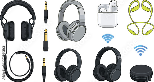 Photos Headphones and Earbuds Collection Vector Illustration Featuring Wireless Headset