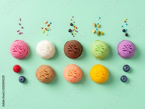 Various Colorful Ice Cream Scoops with Toppings on a Mint Green Background