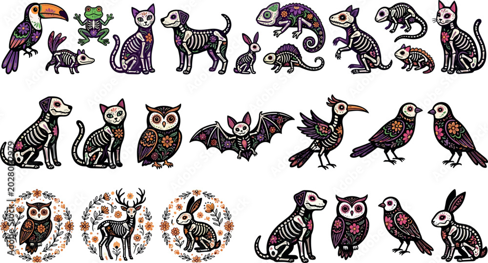 Fototapeta premium Decorative Skeleton Animal Collection Featuring Floral Gothic Owl Cat Dog Bird and Rabbit Characters in Boho Cartoon Vector Illustration Style