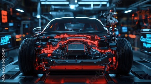 Futuristic Electric Car Chassis in High-Tech Automated Manufacturing Factory