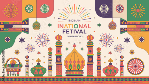 Bilde på lerret Vibrant Indian National Festivals and Celebrations illustration featuring iconic landmarks, fireworks, and cultural motifs