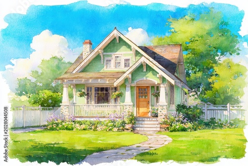Small craftsman bungalow with green siding and white trim, cozy garden and porch