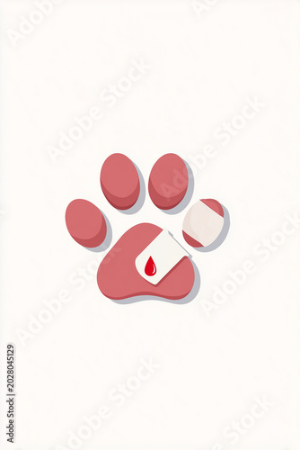 Pink Dog Paw with White Bandage Patch and Blood Drop Icon on White Background
