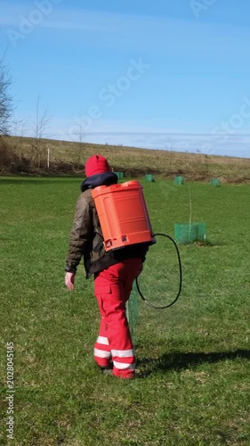 Worker spraying pesticide on a backyard for pest control, close-up, handles bushes. Gardening care work season. Early spring treatment of fruit trees, fungicide. Protecting the garden from diseases 4K