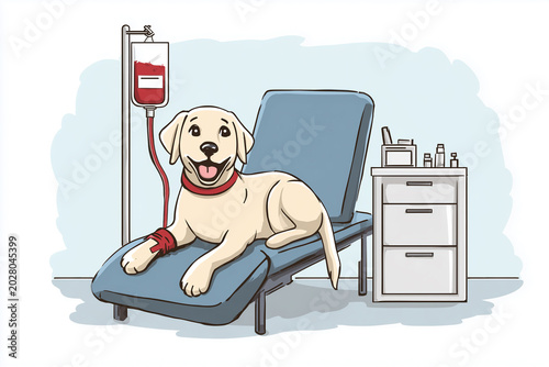 Cartoon Smiling Labrador Puppy Lying on Medical Table Connected to Blood Donation IV Bag