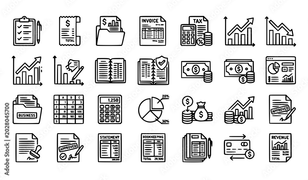 Fototapeta premium Editable Stroke Financial Report Vector Line Icons with Audit Accounting and Expense Documents