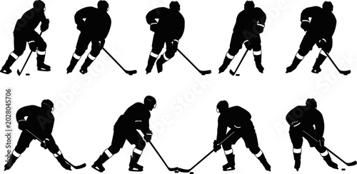 Canvas Print Silhouette Illustration of Ice Hockey Players in Dynamic Action Poses Depicting