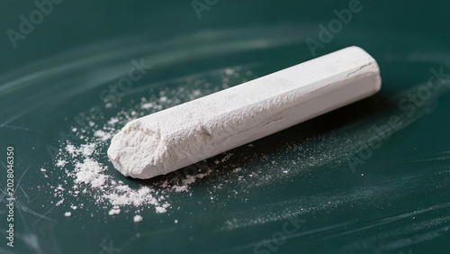 White chalk stick with powder dust on green chalkboard