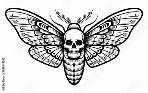 Schilderij op canvas Black and white detailed moth with skeletal wings illustration Vector