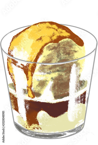 Watercolor Affogato Coffee Dessert, Vanilla Ice Cream Scoop with Espresso Shot in Glass