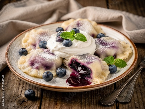 Talerz pełen domowych pierogów z nadzieniem z  leśnych jagód. Delikatne ciasto miejscami przebija fioletowym kolorem owoców. Pierogi są polane kwaśną śmietaną, posypane jagodami i listkami mięty