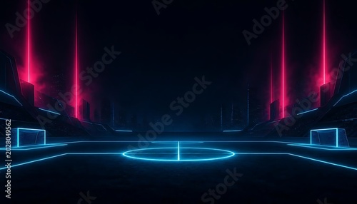 Soccer stadium field glowing with cyan neon lines under magenta light beams in a dark cinematic setting for e-sports branding