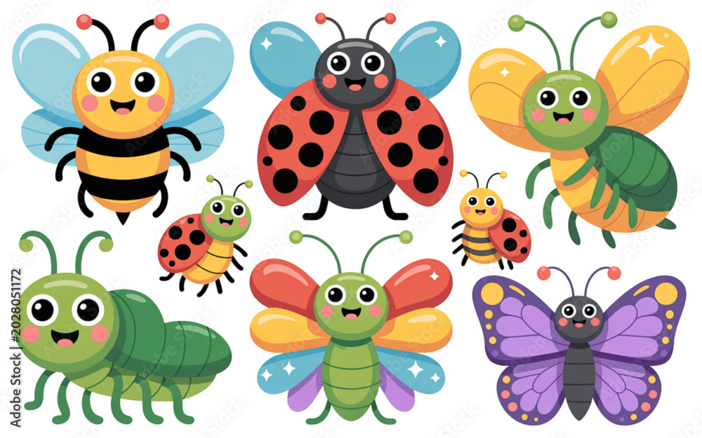 Naklejka premium Colorful cartoon butterflies and bees flying together in a playful scene Vector