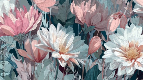 29.Seamless floral pattern with prominent flowers and rich foliage, contemporary color palette, clean vector lines, stylish graphic texture
