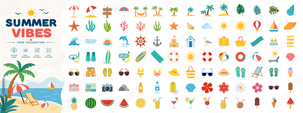 Obraz premium Summer vacation icon collection in flat vector style with tropical beach elements