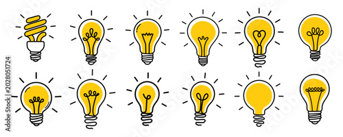 Creative light bulb doodle icon collection in hand drawn vector style