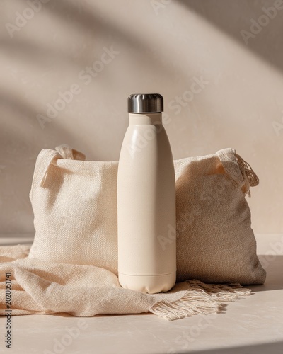 Reusable water bottle with cloth bag in sustainable lifestyle setting. Minimal reusable water bottle with cloth bag and soft natural lighting. Sustainable lifestyle, zero waste and eco friendly