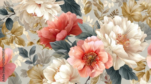 30.Sophisticated big floral vector pattern, oversized blossoms with leafy accents, trendy modern colors, refined decorative background design